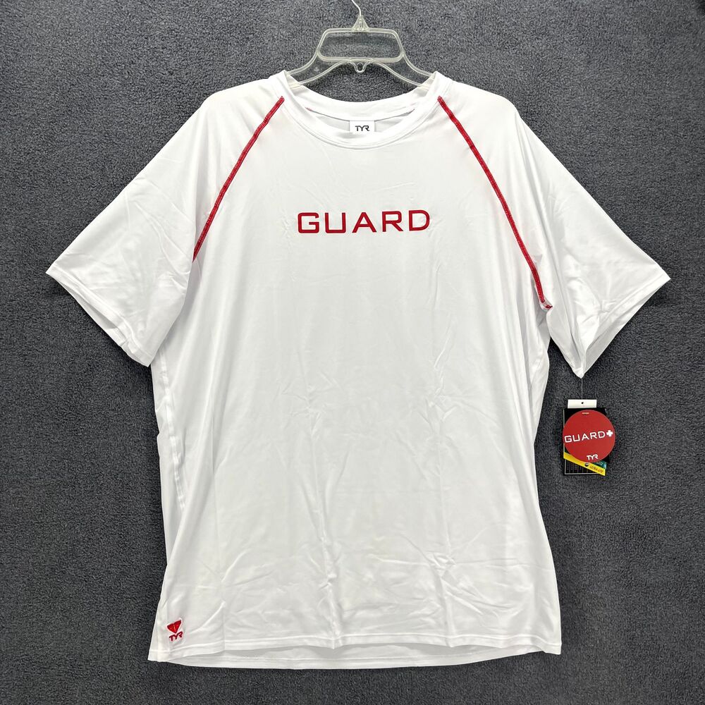 TYR Tee Mens XL White Red‎ Guard Short Sleeve RashGuard T Shirt